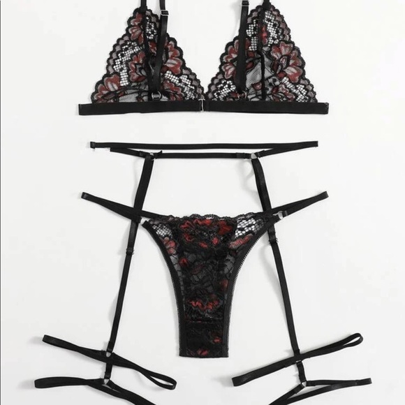 Black Red Lace Transparent Bra Panties Garter Set - Picture 2 of 7